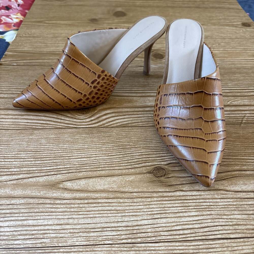 Something Navy Anna Dress Shoe Mule Heel Women's 6.5 Leather Tan Embossed Croc